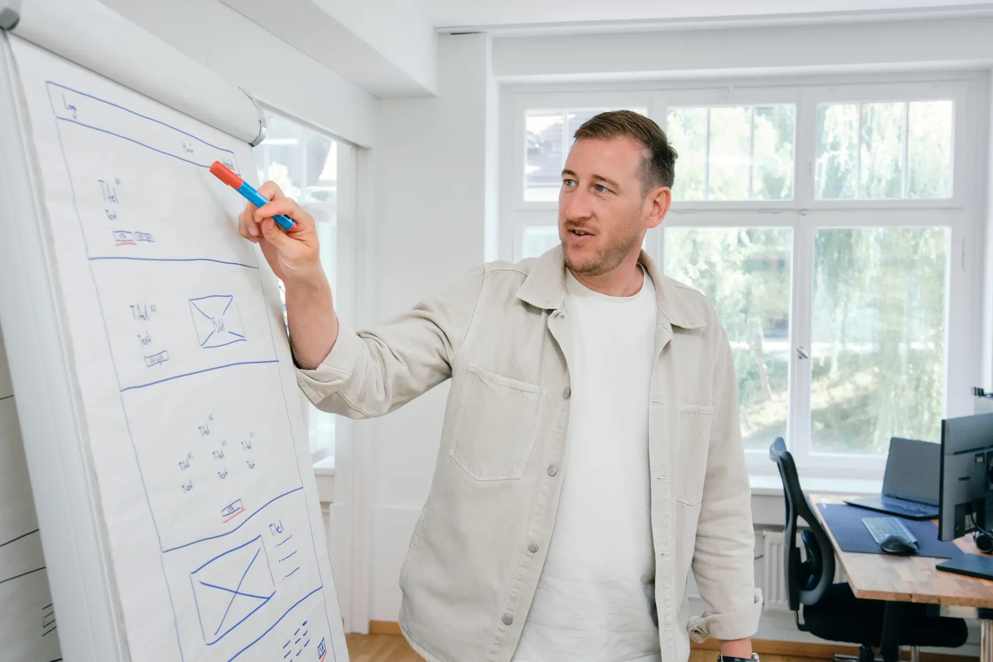 Berater erklärt ein Konzept am Flipchart