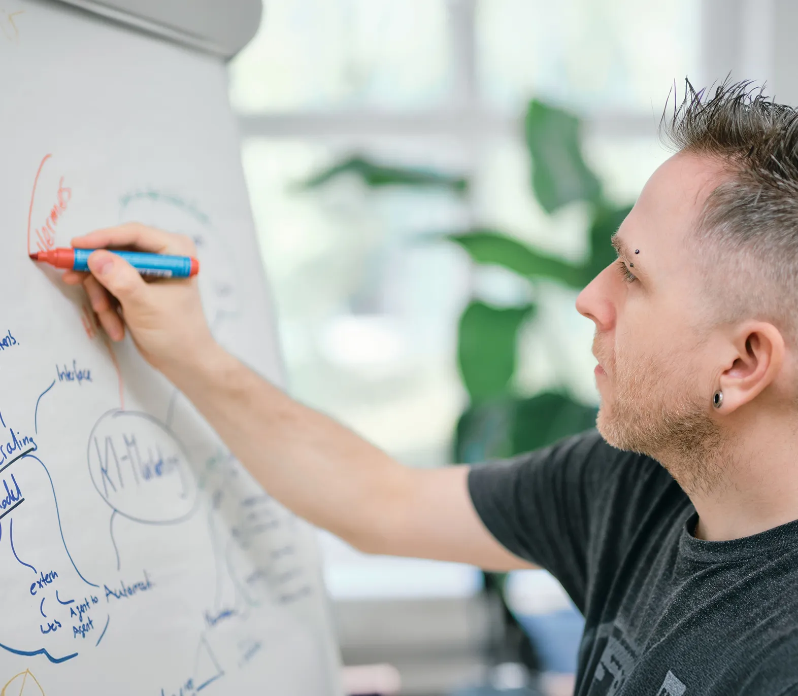 Mitarbeiter skizziert eine Strategie am Whiteboard