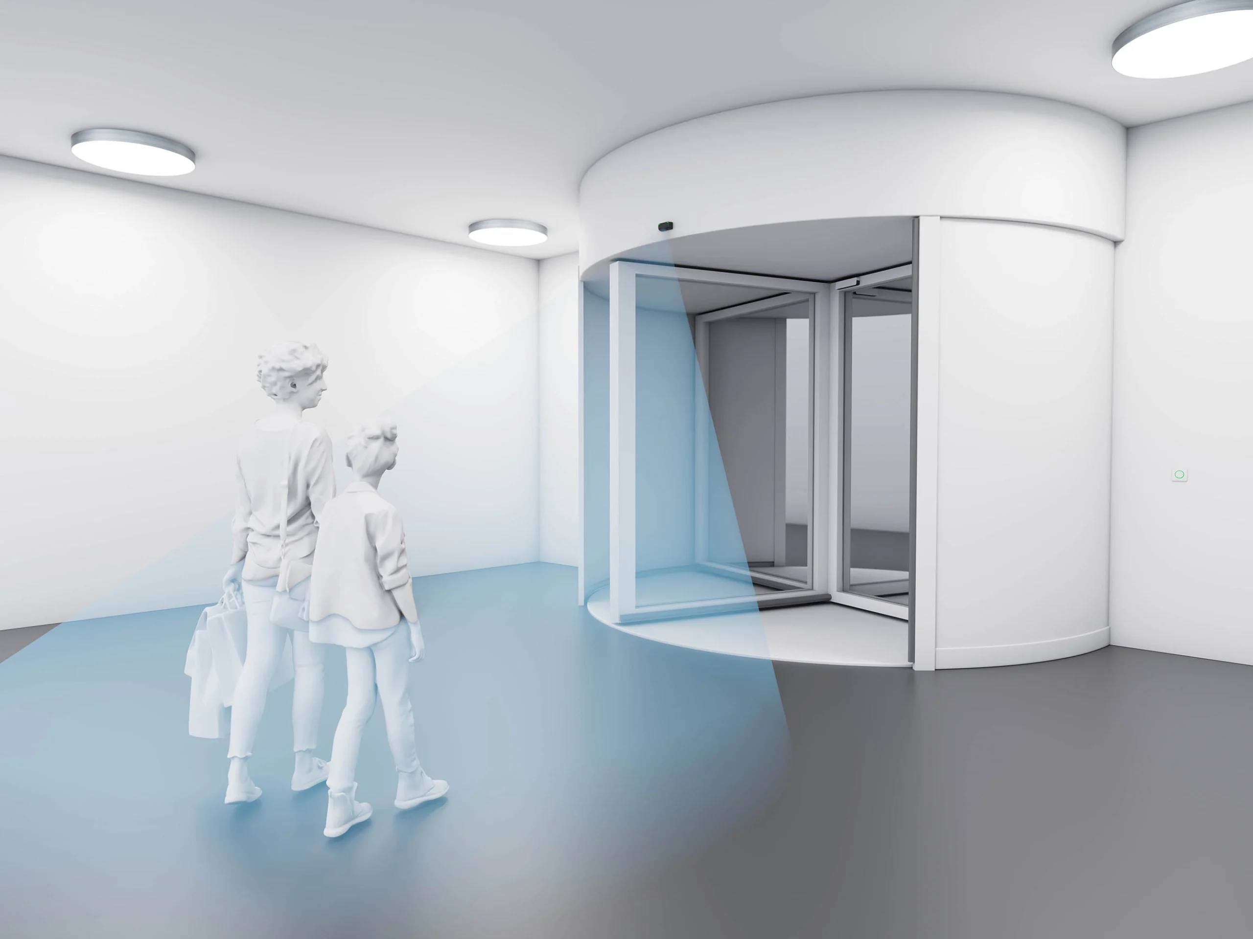 3D-Visualisierung eines Gebäudeeingangs mit Drehtür