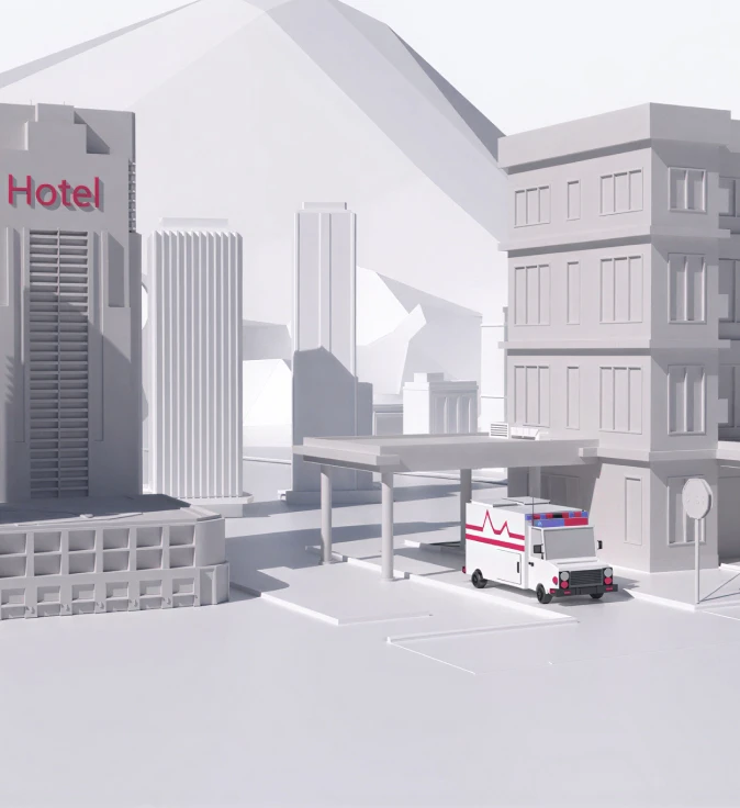 3D-Animation einer Stadtszene mit Hotel