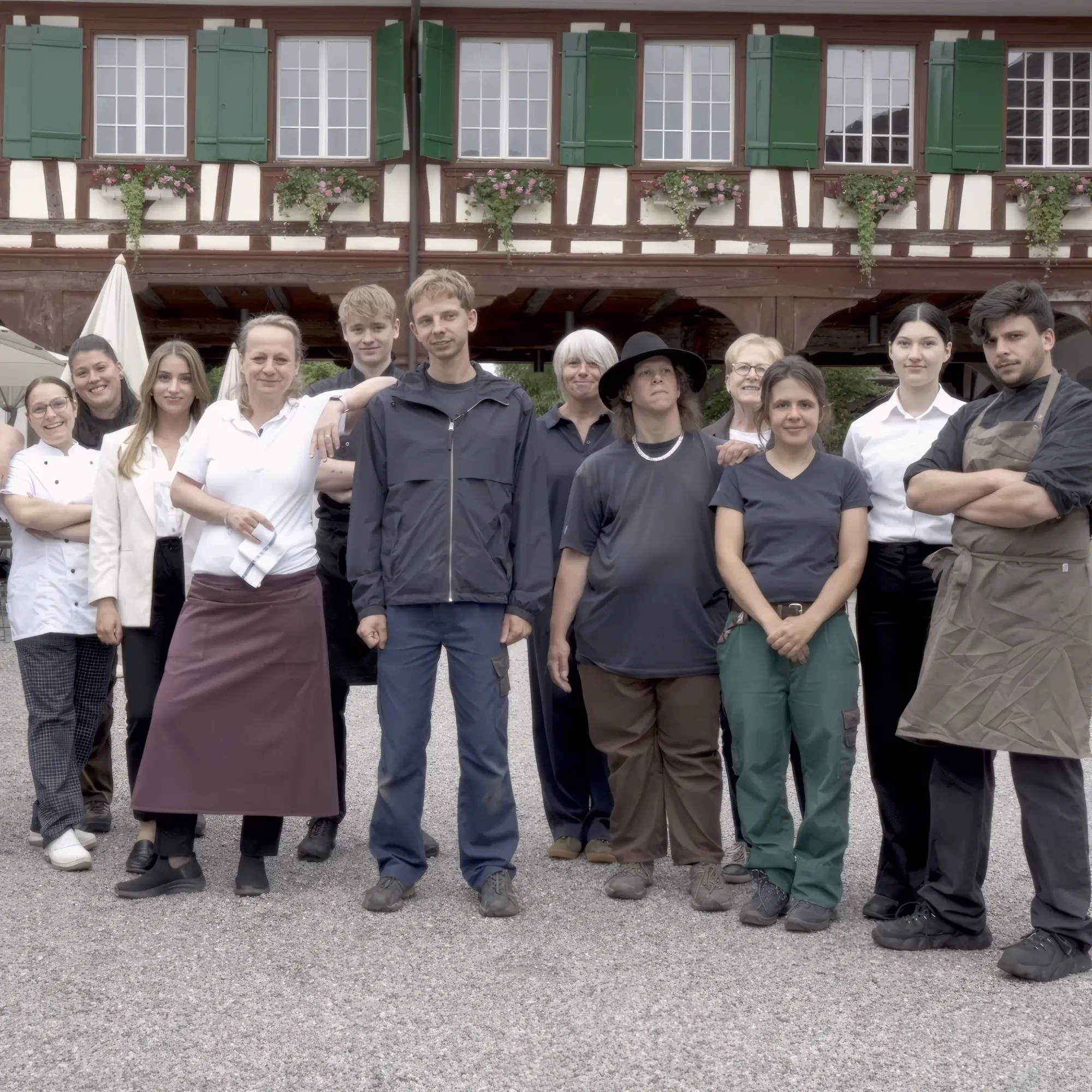 Gruppenaufnahme der Mitarbeitenden eines Klosterbetriebs