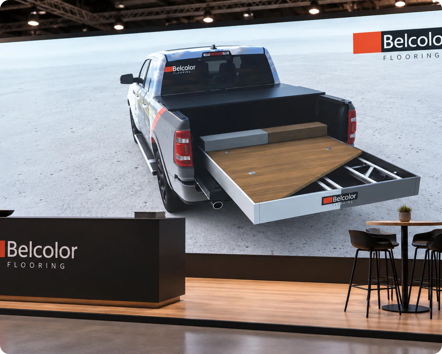 3D-Rendering eines Pick-ups im Bodenbelag-Showroom