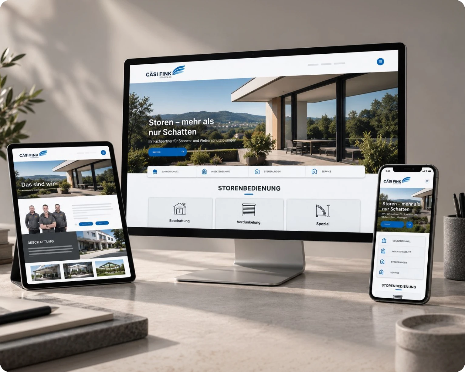 Website für einen Storenbauer auf mehreren Geräten