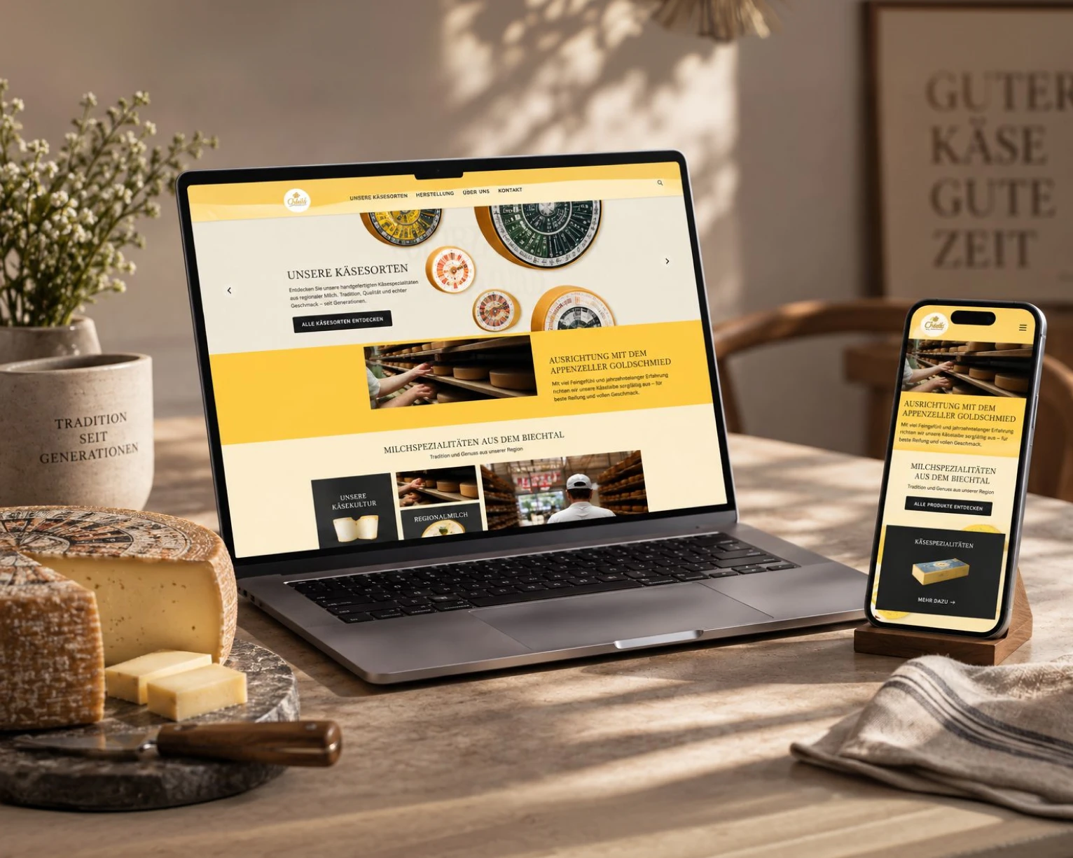 Website für eine Käserei auf Laptop und Handy