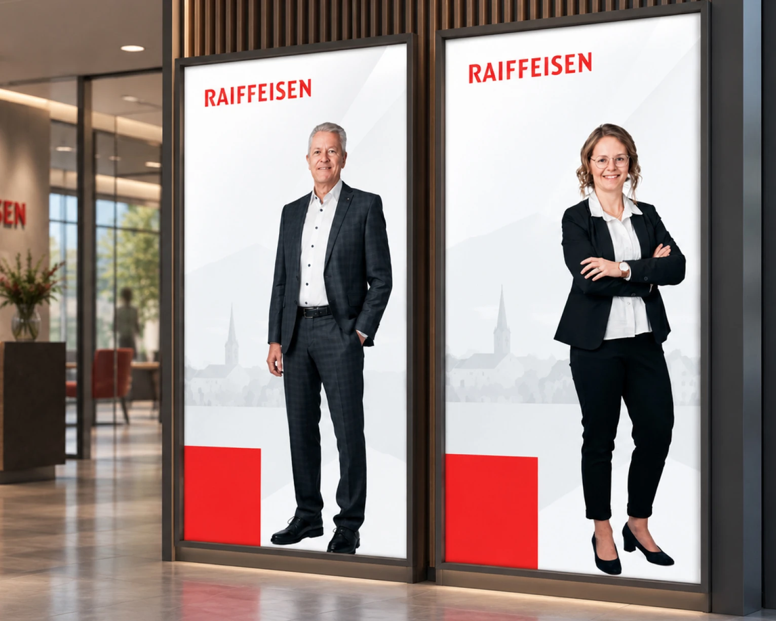 Digitale Werbedisplays in einer Bankfiliale