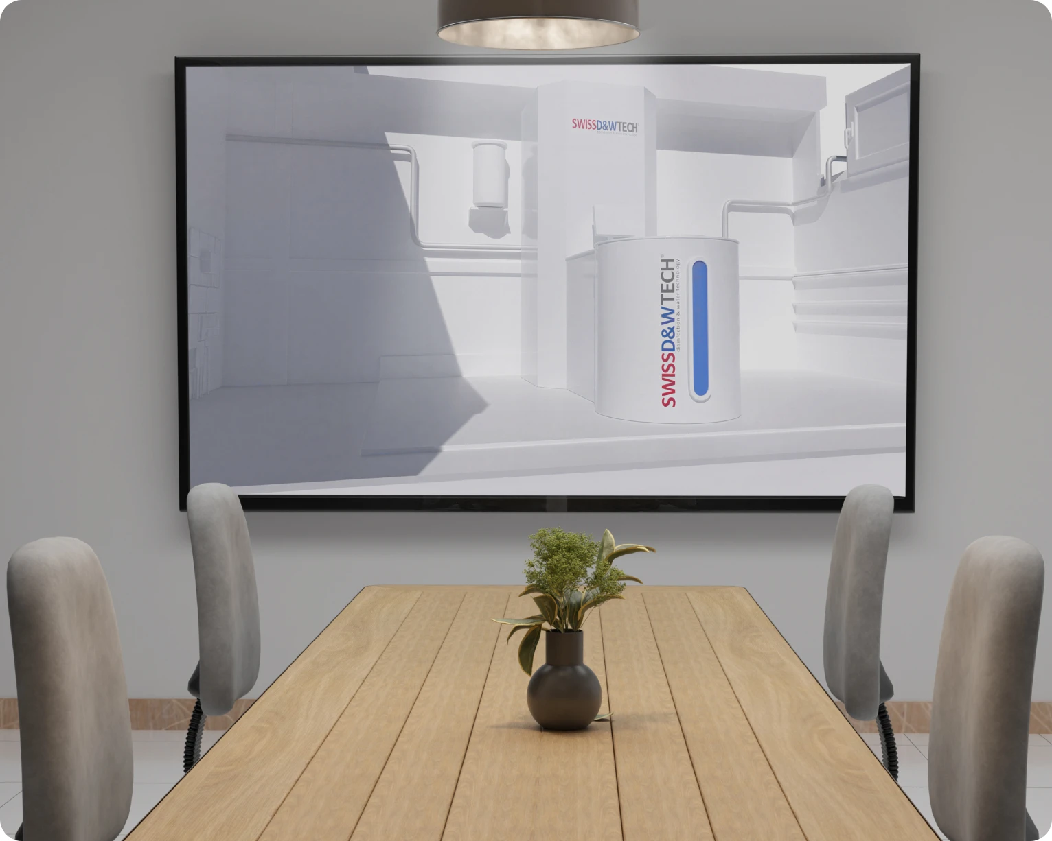 3D-Animation auf einem Bildschirm im Sitzungszimmer